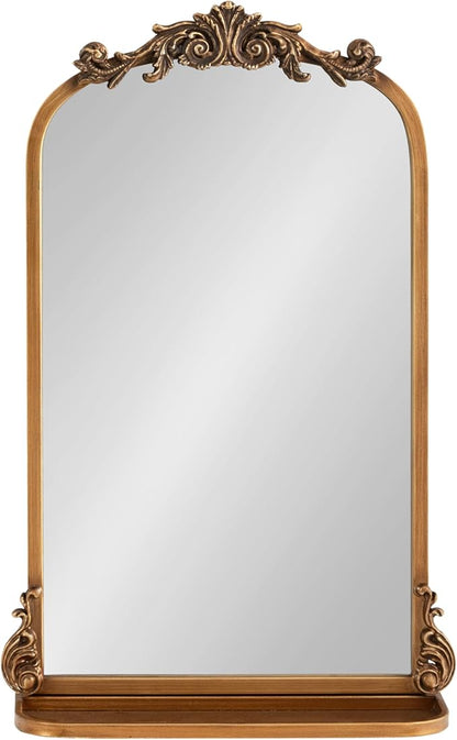 Kate and Laurel Arendahl Traditional Vintage Arch Mirror with Shelf, 16 x 25, Gold, Baroque Antique Arched Wall Mirror with Functional Shelf and Ornate Frame