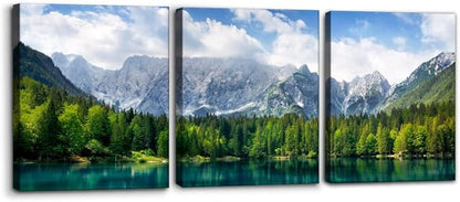3 Pieces Nature Scenery Wall Art Decor Beautiful Landscape with Turquoise Lake Forest and Mountains Pictures Painting Print on Canvas Modern Artwork Stretched Framed Ready to Hang - 12"x16"x3 Panel
