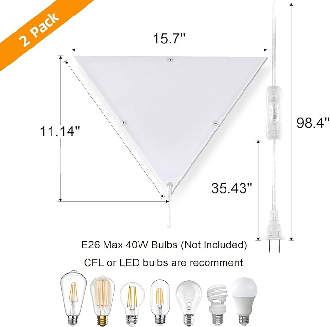 Corner Light with Switch, Ceiling Corner Lights for Living Room, Plug in Ceiling Light for Dark Area, Lamp for Bedroom, Kids Room, Triangle Shape, White Acrylic (2 Pack)