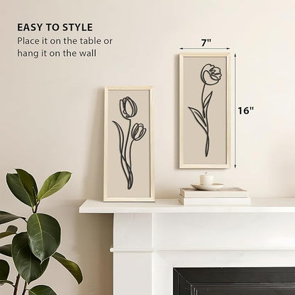 VIYYIEA Wooden 3d Floral Bathroom Wall Decor, Ready-to-Hang Framed Wall Art For Living Room, Bedroom and Office, Boho Botanical Farmhouse Decoration, Lightweight but Valuable Gift (7x16 In, set of 2)