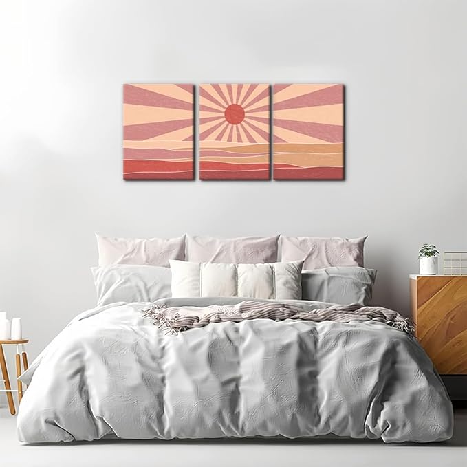 Pacimo 3 Pieces Boho Canvas Wall Art - Framed Canvas Wall Art Prints Sun Rising on the Sea Design - Modern Artwork for Home Decor, Neutral Boho Wall Decor for Living Room Bedroom Office - 12"x16"x3