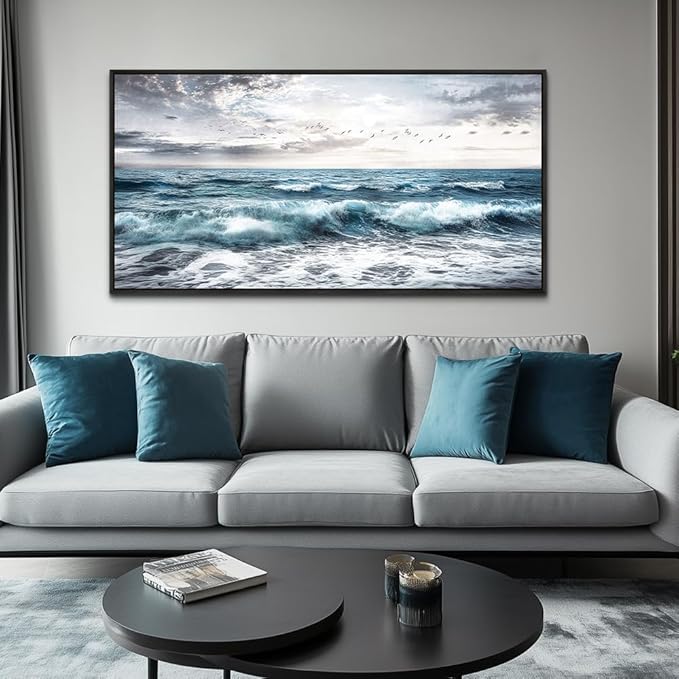 QIYILEXWART Black Framed Canvas Wall Art For Living Room Large Wall Decor For Office Bedroom Decoration Modern Watercolour Picture Ocean Waves Painting Artwork Room Ready To Hang