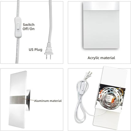KICAAO Wall Sconces, Modern Wall Sconce Plug in 10W 6000K Cool White Acrylic Wall Lights with 6FT/180cm Plug in Cord and On/Off Switch on The Cord (Warm White 2700K 2Pack)