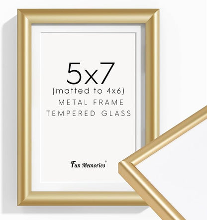 Fun Memories 5x7 Picture Frame Gold, High-End Aluminum Frames 5 x 7 for Wall & Tabletop Display, 5 by 7 Photo Frames with Real Glass, 5x7 Frame with Mat for 4x6, 1 Pack