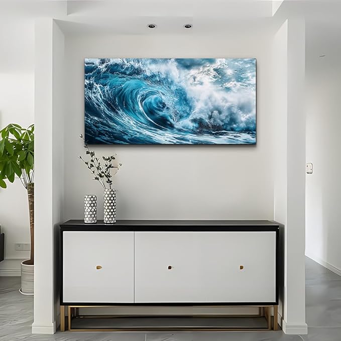 ERQINHUA Blue Wave Canvas Wall Paintings Wall Art For Living Room Wall Decor For Bedroom Ocean Inspiration Pictures Office Mural Posters Modern Home Decor Aesthetics Artwork Ready To Hang 20"X40"