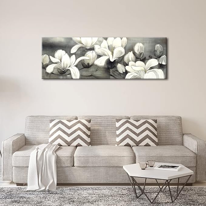 Wieco Art Magnolia Modern Wrapped Floral Artwork Giclee Canvas Prints White and Grey Flowers Pictures Paintings on Canvas Wall Art Ready to Hang for Living Room Bedroom Home Decorations 48x16