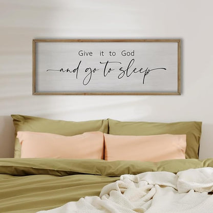 FZMHASLWW Give It To God And Go To Sleep Sign Above Bed Wall Decor 32"×12" Master Bedroom Over Bed Rustic Bible Verse Christian God Holy Catholic Farmhouse Horizontal Wall Art (Wood)