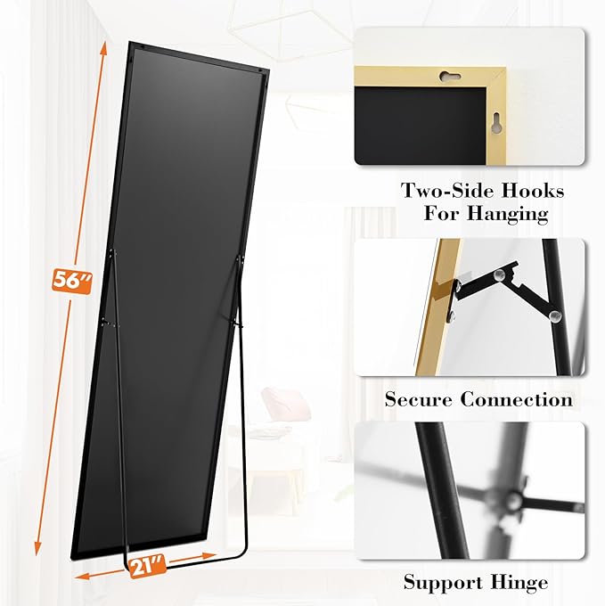 DUMOS Full Length Mirror 21"x 56" for Bedroom, Full Body Mirror with Stand, Hanging or Leaning for Wall, Aluminum Alloy Thin Frame Floor Standing for Living Room, Long, Gold