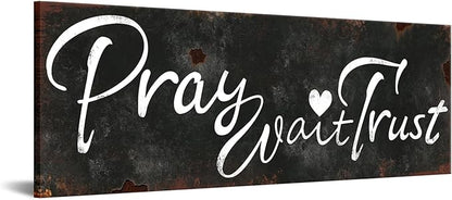 KREATIVE ARTS Pray Wait Trust Canvas Wall Art Rustic Faith Quote Sign Black and White Scripture Print Religious Christian Wall Decor for Bedroom Living Room Entryway Office Farmhouse Style Ready to Hang 20x55''