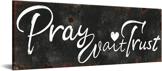 KREATIVE ARTS Pray Wait Trust Canvas Wall Art Rustic Faith Quote Sign Black and White Scripture Print Religious Christian Wall Decor for Bedroom Living Room Entryway Office Farmhouse Style Ready to Hang 20x55''