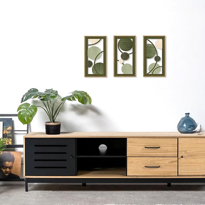 KAIRNE Boho Sage Green Wooden Wall Art,3 pieces Abstract Modern Wall Sculptures,Rustic Geometric Framed Hanging Decor,Minimalist Mid Century Wall Decor for Living Room Bedroom Farmhouse 8X16 inch