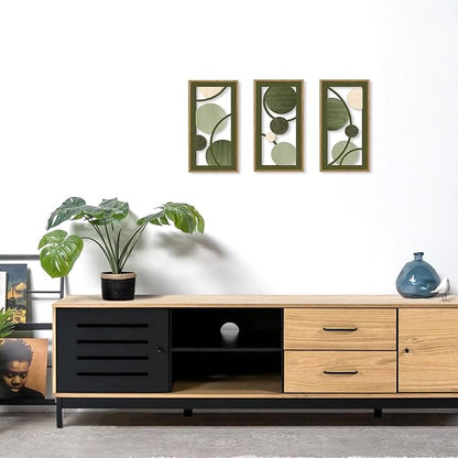 KAIRNE Boho Sage Green Wooden Wall Art,3 pieces Abstract Modern Wall Sculptures,Rustic Geometric Framed Hanging Decor,Minimalist Mid Century Wall Decor for Living Room Bedroom Farmhouse 8X16 inch