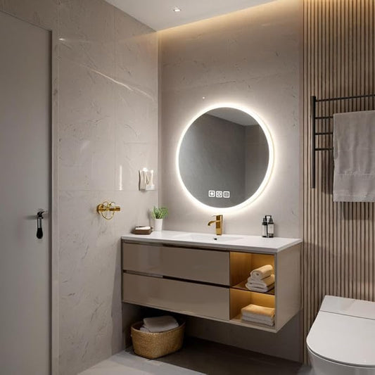 28 inches Round LED Bathroom Mirror with Lights, Anti-Fog, Dimmable, Backlit + Front Lit, Lighted Bathroom Vanity Mirror for Wall, Memory Function, Tempered Glass, Shatter-Proof