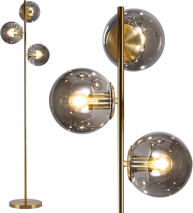 BOKT Mid Century Gold Floor Lamp Modern 3-Light Standing Lamp with Smokey Gary Glass Globe Shade Bright Floor Lamps Office Standing Pole Light for Living Room Bedroom Home Decor…