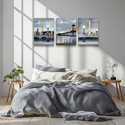 MHARTK66 Family Bedroom Wall Decor Canvas Wall Art for Living Room Modern Wall Decorations for office Black and white Night view light Paintings Kitchen Hang Pictures Artwork Home Decoration 3 Pieces