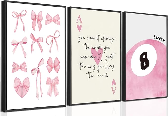Trendy Pink Bows Posters Wall Art Set of 3, Vintage Preppy Lucky 8 Ball Canvas Wall Decor, Pink Girly Room Aesthetic Picture Prints Painting for College Apartment Living Room Bedroom 12x16 In Unframed