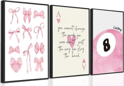 Trendy Pink Bows Posters Wall Art Set of 3, Vintage Preppy Lucky 8 Ball Canvas Wall Decor, Pink Girly Room Aesthetic Picture Prints Painting for College Apartment Living Room Bedroom 12x16 In Unframed