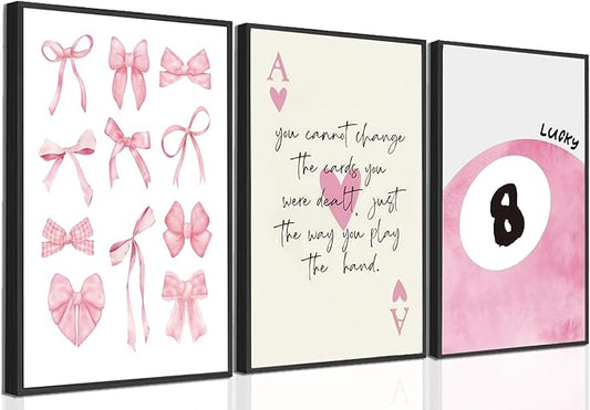 Trendy Pink Bows Posters Wall Art Set of 3, Vintage Preppy Lucky 8 Ball Canvas Wall Decor, Pink Girly Room Aesthetic Picture Prints Painting for College Apartment Living Room Bedroom 12x16 In Unframed