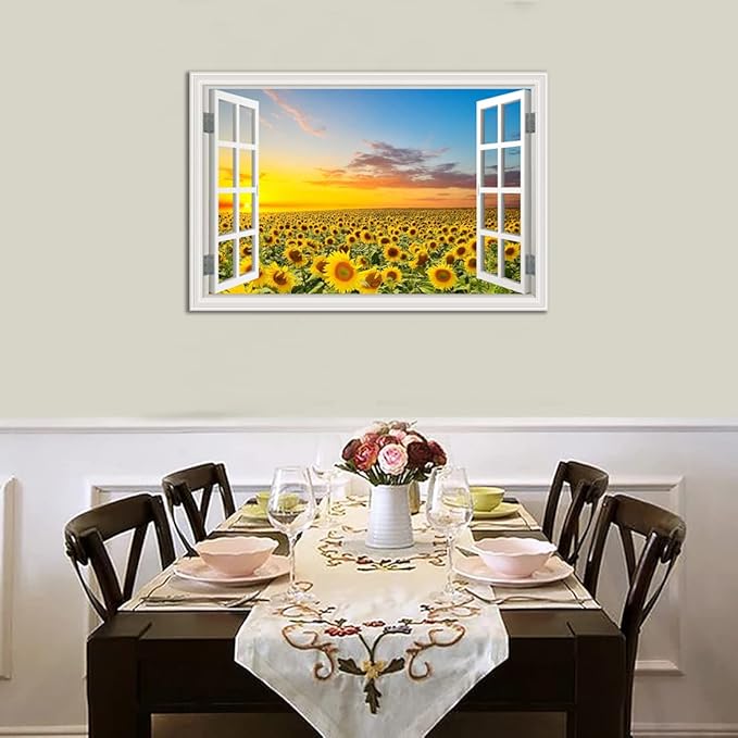 Sunflower Wall Art Decor for Living Room Window Style Sunset Canvas Picture for Bedroom Realism Yellow Flowers Filed Artwork for Bathroom Nature Landscape Prints Paintings for Kitchen Home Office