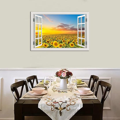 Sunflower Wall Art Decor for Living Room Window Style Sunset Canvas Picture for Bedroom Realism Yellow Flowers Filed Artwork for Bathroom Nature Landscape Prints Paintings for Kitchen Home Office