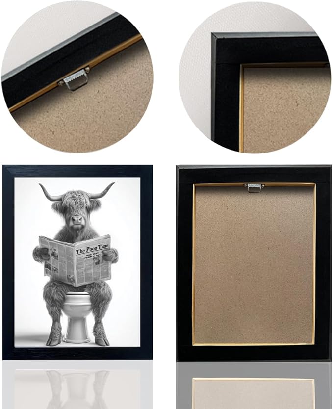 Funny Highland Cow Bathroom Wall Art - Framed Black and White Bathroom Wall Decor, Humorous Cow Picture Wall Decor with Cute Animal Canvas, Modern Farmhouse Style Restroom Sign Art for Toilet & Washroom 12"x16"