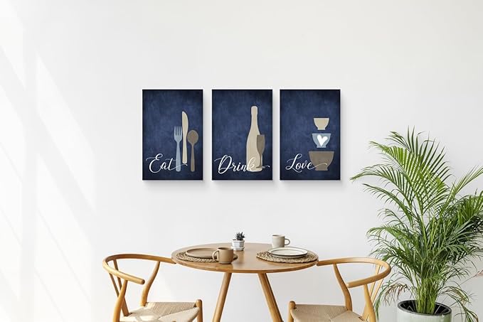 GUBIYU Premium Navy Blue Wall Art Set of 3, Large Dining Room Kitchen Signs - Eat Drink Love Wall Art for Home, Living Room, Bar or Cafe - 16"x24" Each