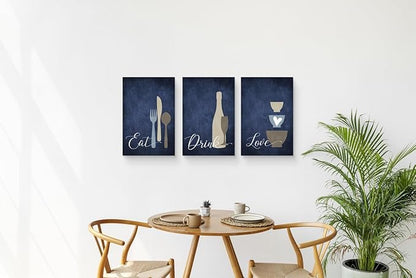 GUBIYU Premium Navy Blue Wall Art Set of 3, Large Dining Room Kitchen Signs - Eat Drink Love Wall Art for Home, Living Room, Bar or Cafe - 16"x24" Each