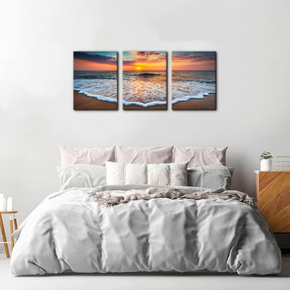 Pacimo 3 Pieces Wall Art Decor Beach Canvas Print Picture Sunrise Ocean Waves Scenery Painting Artwork for Office Wall Decor Home Decoration Stretched and Framed Ready to Hang - 12" x 16" x 3