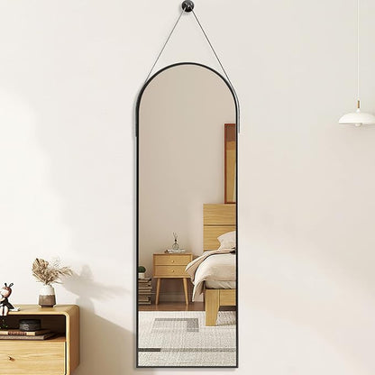 OGCAU 16''x48'' Arched Full Length Mirror for Wall, Full Body Arched-Top Hanging Mirror or Wall Mounted in Bedroom, Living Room, Aluminum Alloy Frame with Straps (Black)