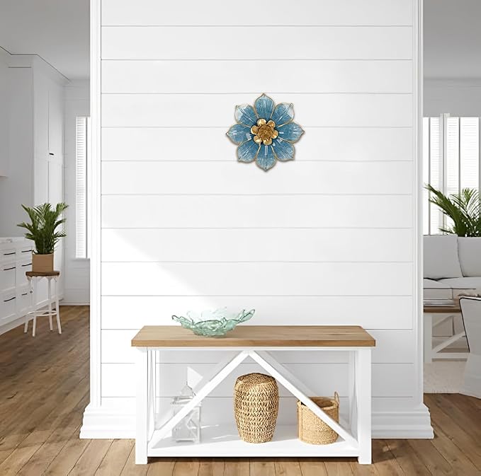 10" Metal Flowers Wall Decor, Blue & Gold 3D Floral Metal Wall Art Decor for Inoor & Outdoor Use, Vintage & Modern Walls Arts for Bathroom, Living Room, Bedroom, Office, Garden, Patio, Porch, 1 Piece