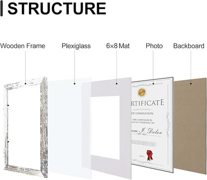 Vittanly 8.5x11 Picture Frames Set of 9, Shatter Resistant Plexiglass, Display 6x8 Pictures with Mat or 8.5x11 without Mat, Photo Frames for Wall or Tabletop, Engineered Wood, Distressed White