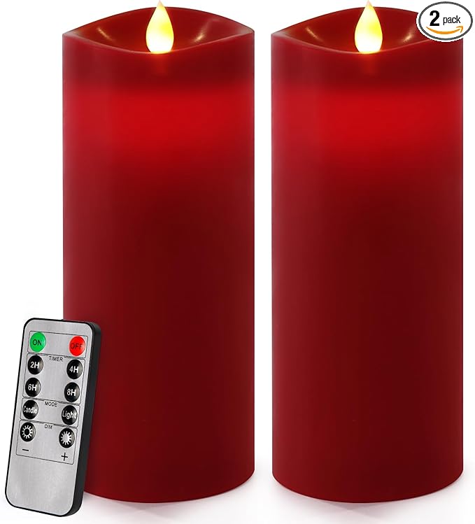 Enpornk 7” x 3” Flameless Candles, Flickering Moving Flame LED Candles, Battery Operated Candles with Remote and Timers, Burgundy, Set of 2