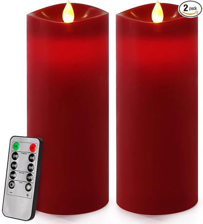 Enpornk 7” x 3” Flameless Candles, Flickering Moving Flame LED Candles, Battery Operated Candles with Remote and Timers, Burgundy, Set of 2