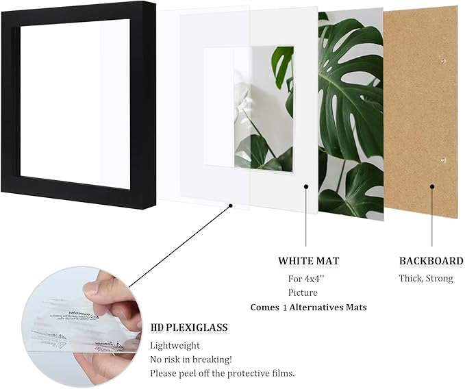 Egofine 5x5 Picture Frames Set of 4, Made of Solid Wood Covered by Plexiglass Display 4x4 with Mat or 5x5 without Mat, for Table Top Display and Wall Mounting Photo Frame, Black