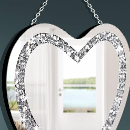 DMDFIRST Crystal Crush Diamond Heart Shaped Silver Mirror with Silver Stainless Steel Chain for Wall Decoration 12x12x0.5 inch Frameless Glam Mirror