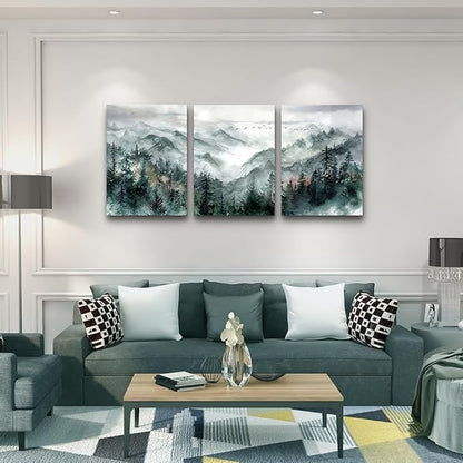 TTHYUEWS Wall Decor For Living Room 3 Piece Canvas Art Prints Wall Art For Bedroom Office Decor Mountain Forest Landscape Wall Pictures Watercolour Paintings Artwork Ready To Hang Home Decoration