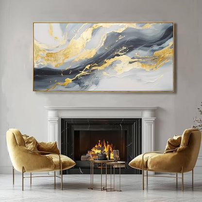 Framed Canvas Pictures Gold Wall Art Abstract Wall Art Blue Decor Metal Arts Large Prints Picture 24"x48" Artwork for Living Room Gallery Office