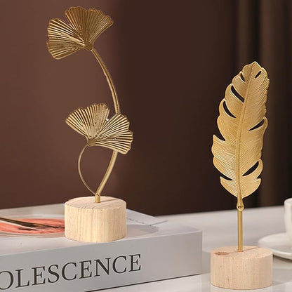 Two-Piece Luxury Nordic Metal Leaf Sculptures – Elegant Gold Ginkgo & Palm Leaf Art Décor, Modern Minimalist Metal Craft for Living Room, Entryway, Wine Cabinet, Home & Office Decoration