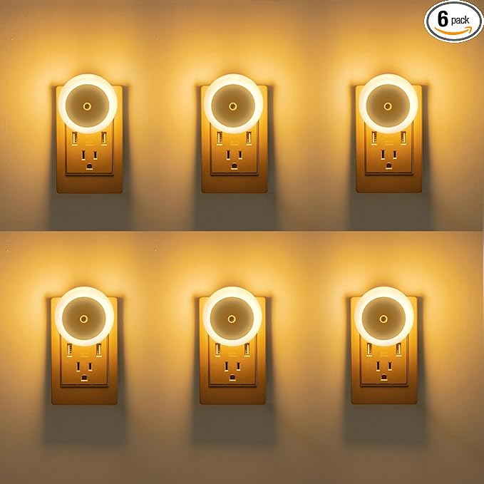 KINUR 6 Pack Night Light, LED Night Lights Plug into wall with Dusk to Dawn sensors, Plug in Night Lights for Kids Room, Bedroom, Bathroom, Baby Nursery,Stair Lights, Hallway Light, Warm White