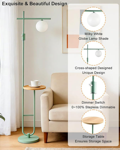 Lightdot Floor Lamps with Storage Table 66IN Black Dimmable, Modern Standing Tall Lamp with Milky White Globe Lampshade, Cross-Shaped Lamp Head and U-Pole Base Style for Living Room/Bedroom/Office