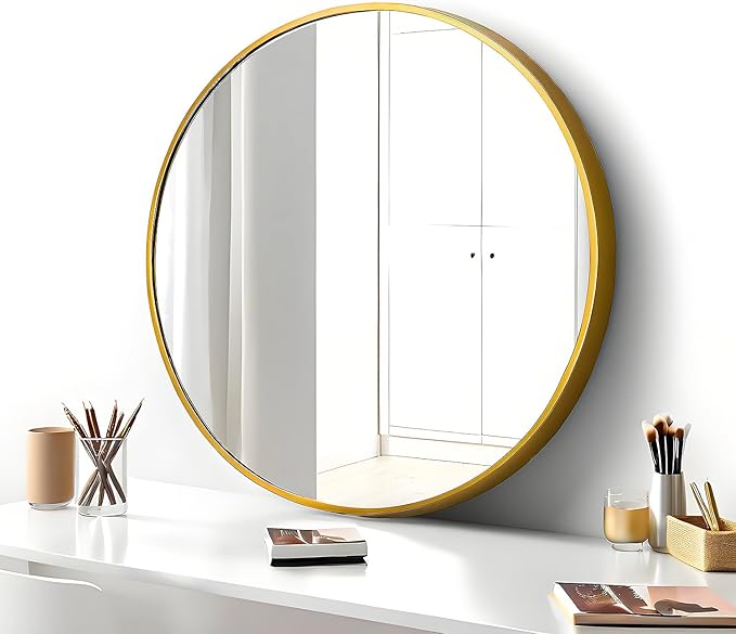 SCWF-GZ 20" Round Mirror Circle Wall Mounted Hanging or Against Wall Metal Frame Dressing Make-up Mirrors for Entryway Bedroom Bathroom Living Room 20 inch Gold