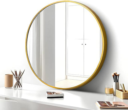 SCWF-GZ 20" Round Mirror Circle Wall Mounted Hanging or Against Wall Metal Frame Dressing Make-up Mirrors for Entryway Bedroom Bathroom Living Room 20 inch Gold
