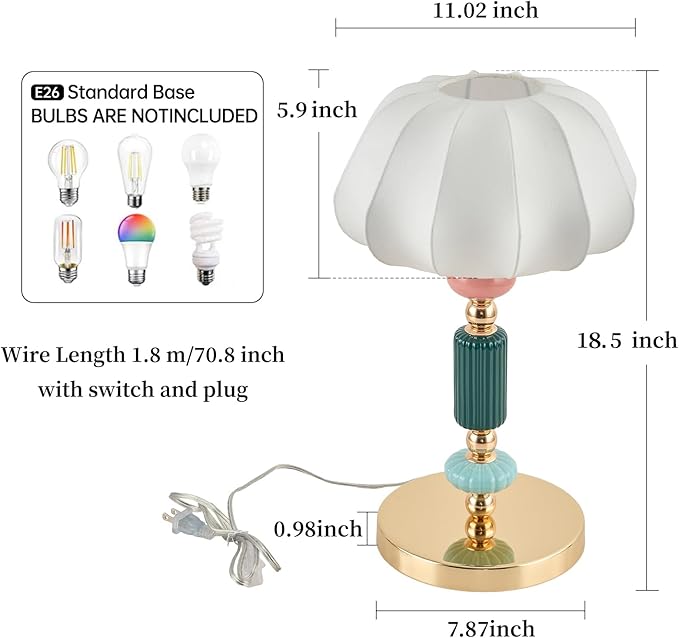 Modern White Fabric Table Lamp Plug in Metal Base Desk Light with Plug Cord Switch for Bedroom Bedside Living Room