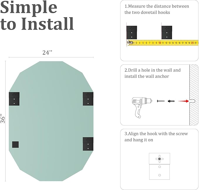 36x24 Inch Beveled Oval Bathroom Mirror, Frameless Copper-Free Silver Mirror, Modern Vanity Mirror, Decorative Wall Mirrors Over Sink for Restroom, Bedroom, Living Room, Bathroom, Entryway