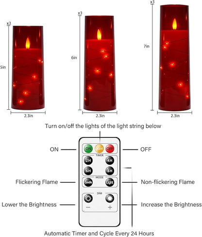 kakoya Flameless LED Candles with Timer 9 Pc Flickering Flameless Candles for Romantic Ambiance and Home Decoration Stable Acrylic Shell,with Embedded Star String，Battery Operated Candles（Red）