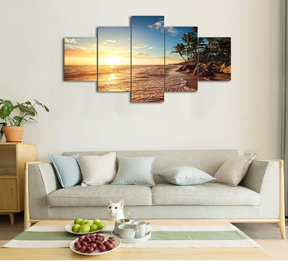 Yatsen Bridge Sunset Beach Palm Tree Posters and Prints Modern Landscape Painting Pictures Wall Art for Living Room Home Decor Gallery-wrapped Canvas Art 5 Piece Set Framed (60''W x 32''H)