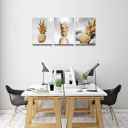 TTHYUEWS Canvas Wall Art for bar kitchen Living Room Office Bathroom home decoration Board Black and white Beach scenery golden Pineapple pictures Artwork restaurant Wall Decor Ready to Hang