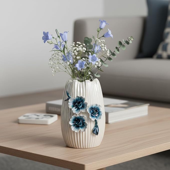 Small White Vase - 7 Inch Modern Ceramic Vases for Centerpieces, Minimalist 3D Sculpted Flower Vase for Home Decor, Kitchen, Dining Table, Shelf, Wedding Decor