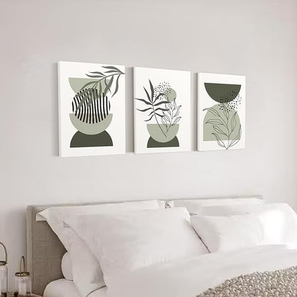 Sage Green Boho Wall Art Set of 3,Minimalist Boho Framed Wall Art Geometric Line Leaf Sun Moon Beige Green Canvas Artwork Paintings Wall Decor Living Room,Modern Abstract Sage Green Boho Wall Decor for Room Bathroom Office,12"x16"