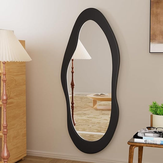 55"x 24" Irregular Wavy Full Length Mirror Black Wooden Framed Full Body Mirror Irregular Wall Mirrors Hanging for Bedroom Living Room Cloakroom